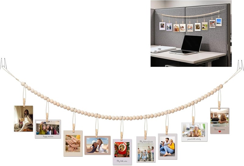 CollectHall Office Cubicle Hanging Photo Display with Clips, 9 Wood Clips,2 Cubicle Clips for Fabric Wall, Photo Hanger for Boho Office Cubicle Decor, Boho Desk Decor - Image 1